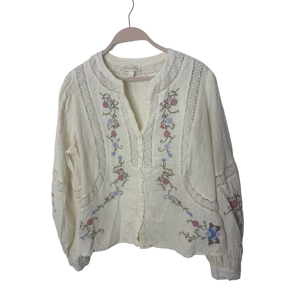 Jennifer & Grace Women's White Floral Embroidered Lace Trim Cotton Blouse Sz L